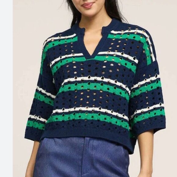 Current Air Women's Size Medium Blue Green Striped Crochet Sweater - Picture 1 of 6
